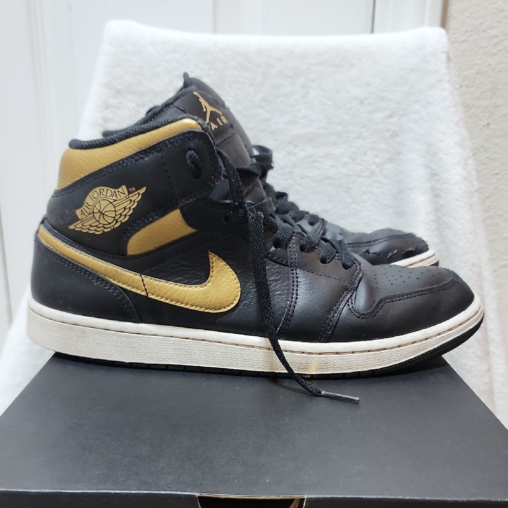 Air Jordan 1 Mid Black and Gold Sneakers 9.5